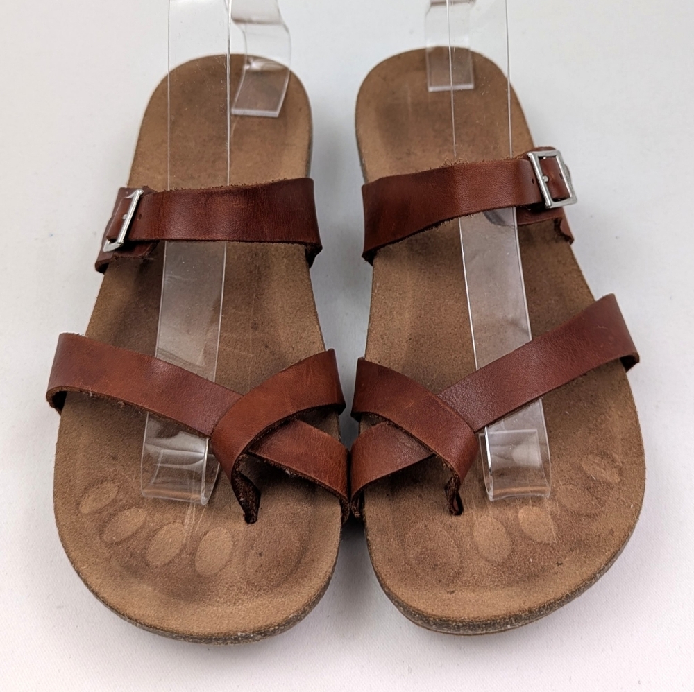 Yokono Leather Sandals Toe Loop Slip On Cork Sole Buckle Strap Boho Brown 9.5